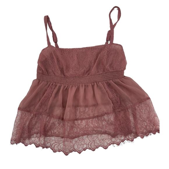 Free People Tops - FREE PEOPLE Intimately Free Dusty Mauve Sheer Lace Babydoll Camisole Top Size L